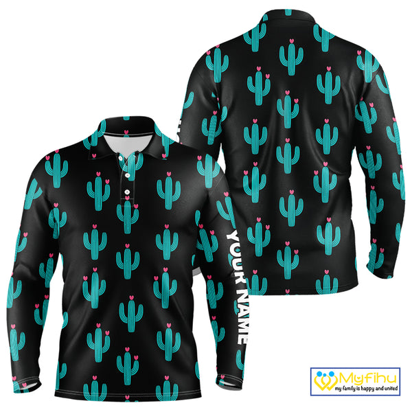 Personalized black and green cactus flower pattern mens golf polo shirts custom cactus golf shirts NQS9942