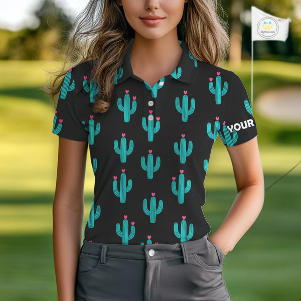 Personalized black & green cactus flower pattern Women golf polo shirts custom cactus golf shirts NQS9942