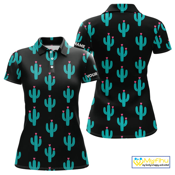 Personalized black & green cactus flower pattern Women golf polo shirts custom cactus golf shirts NQS9942