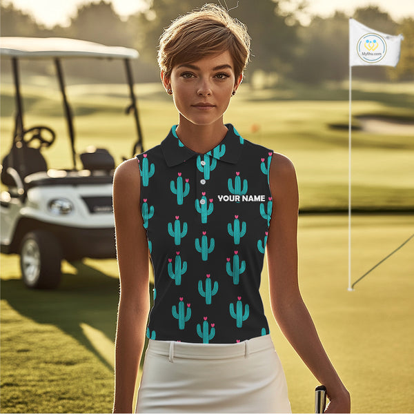 Personalized black & green cactus flower pattern Women sleeveless polo shirt custom cactus golf shirts NQS9942