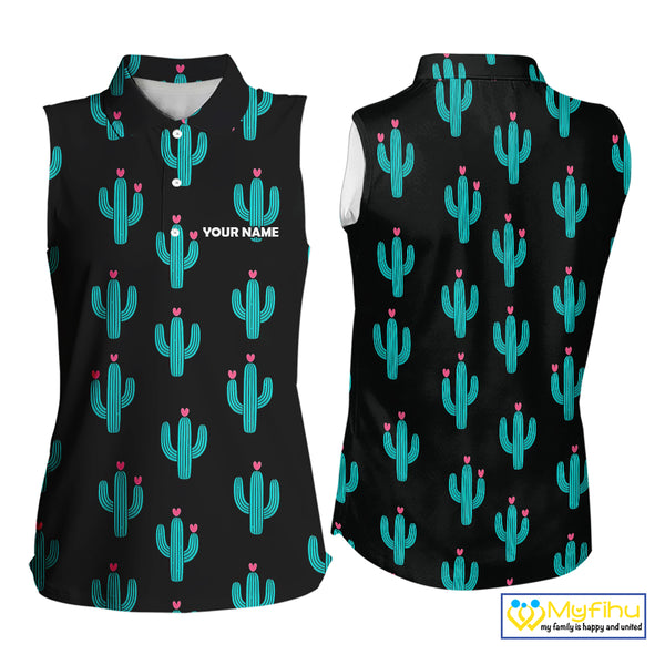 Personalized black & green cactus flower pattern Women sleeveless polo shirt custom cactus golf shirts NQS9942