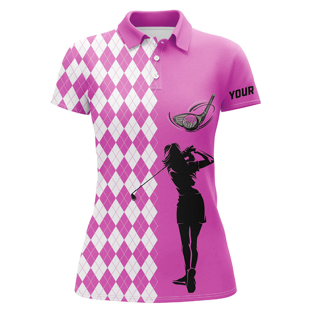 Personalized white argyle plaid pattern Womens golf polo shirts, custom Pink golf apparel for ladies NQS7790