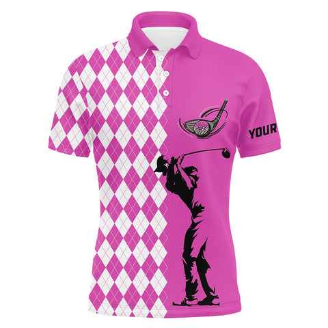 Personalized white argyle plaid pattern Mens golf polo shirts, custom Pink golf tops for mens NQS7790