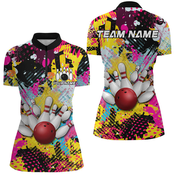 Colorful bowling jerseys Bowling Polo, 1/4 Zip Shirt for Women Custom Bowling Team shirts for bowlers NQS8023