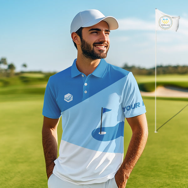 Mens golf polo shirts custom blue and white golf apparel for men, golfing gifts NQS10409