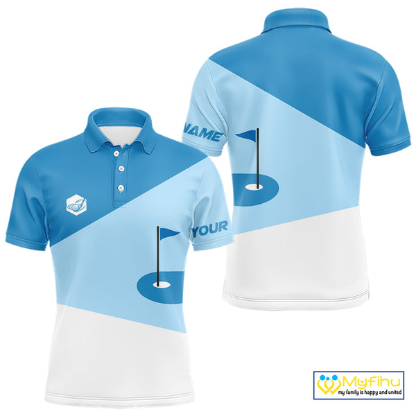 Mens golf polo shirts custom blue and white golf apparel for men, golfing gifts NQS10409