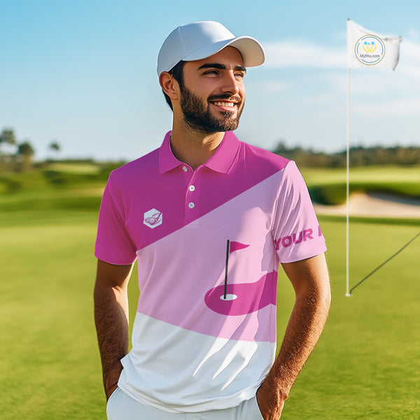 Mens golf polo shirts custom pink and white golf apparel for men, golfing gifts NQS10410