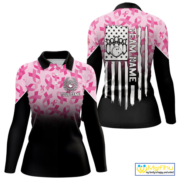 Pink ribbon pattern Women bowling shirt Custom American flag patriotic breast cancer bowling jersey NQS10411