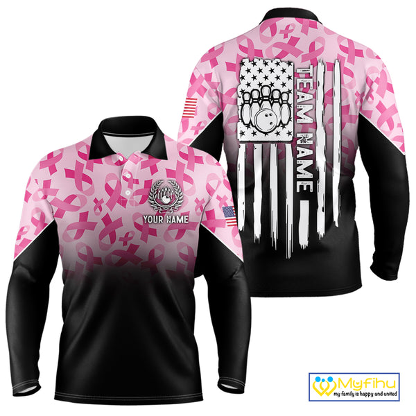 Pink ribbon pattern Men bowling shirt Custom American flag patriotic breast cancer bowling team shirt NQS10411