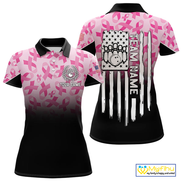 Pink ribbon pattern Women bowling shirt Custom American flag patriotic breast cancer bowling jersey NQS10411