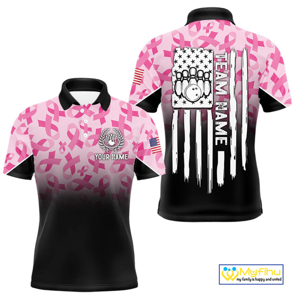 Pink ribbon pattern Men bowling shirt Custom American flag patriotic breast cancer bowling team shirt NQS10411