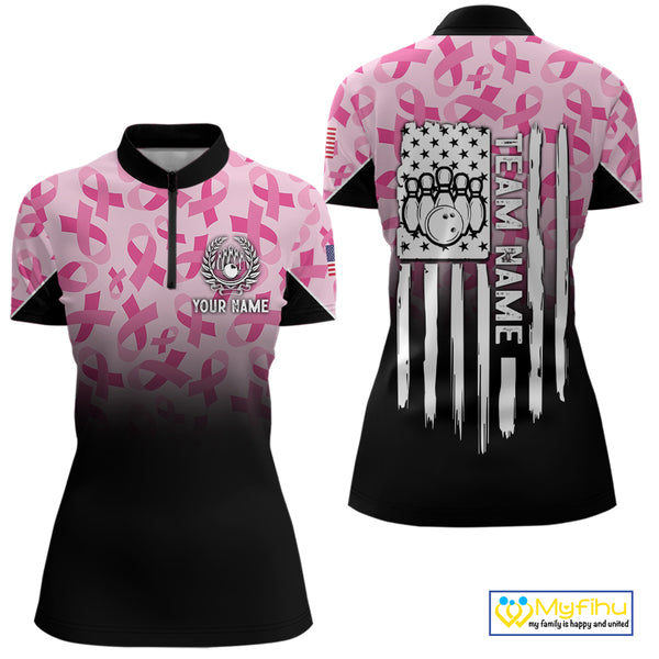 Pink ribbon pattern Women bowling shirt Custom American flag patriotic breast cancer bowling jersey NQS10411