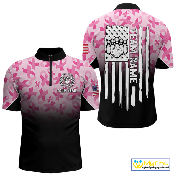 Pink ribbon pattern Men bowling shirt Custom American flag patriotic breast cancer bowling team shirt NQS10411
