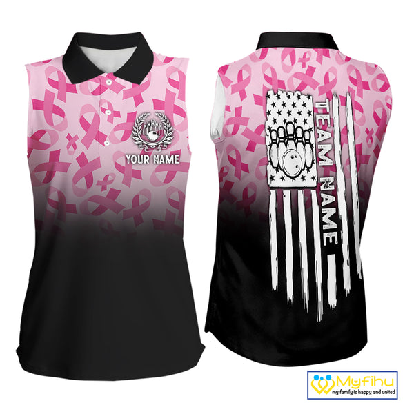 Pink ribbon pattern bowling Sleeveless polo shirt Custom American flag breast cancer bowling jersey NQS10411