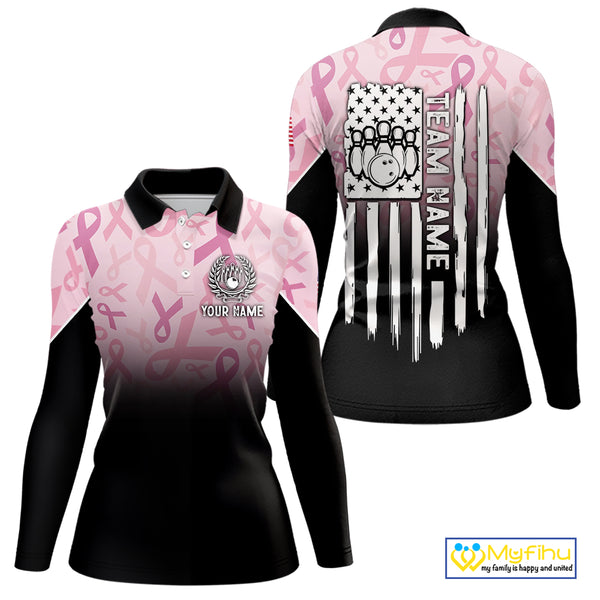 Womens bowling shirt Custom American flag patriotic Pink ribbon breast cancer bowling team jersey NQS10412