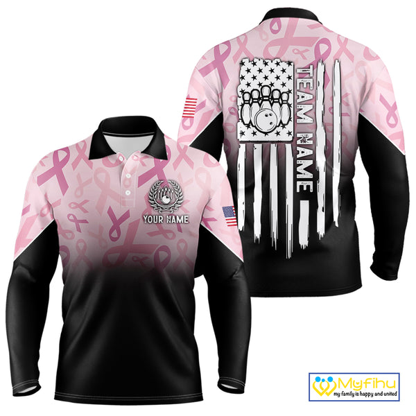 Mens bowling shirt Custom American flag patriotic Pink ribbon breast cancer bowling team jersey NQS10412