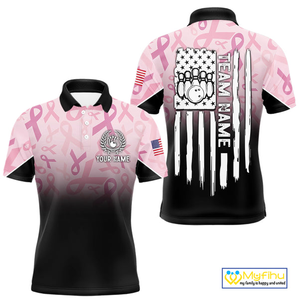 Mens bowling shirt Custom American flag patriotic Pink ribbon breast cancer bowling team jersey NQS10412