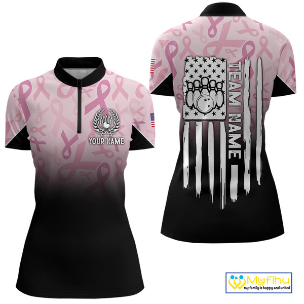 Womens bowling shirt Custom American flag patriotic Pink ribbon breast cancer bowling team jersey NQS10412