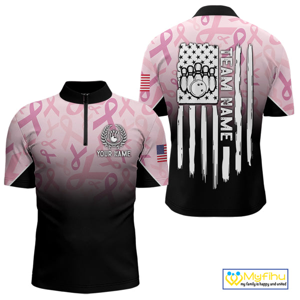 Mens bowling shirt Custom American flag patriotic Pink ribbon breast cancer bowling team jersey NQS10412