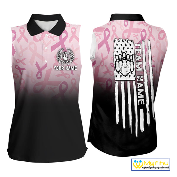 Sleeveless polo shirt Custom American flag patriotic Pink ribbon breast cancer bowling team jersey NQS10412