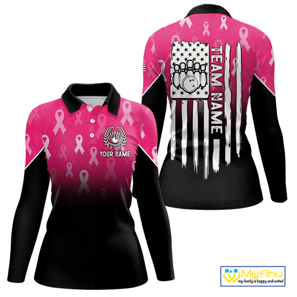 Custom American flag patriotic Pink ribbon breast cancer bowling shirt for Women bowling team jersey NQS10413