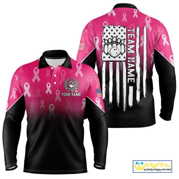 Custom American flag patriotic Pink ribbon breast cancer bowling shirt for men bowling team jersey NQS10413