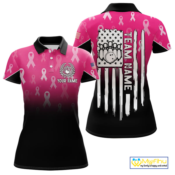 Custom American flag patriotic Pink ribbon breast cancer bowling shirt for Women bowling team jersey NQS10413