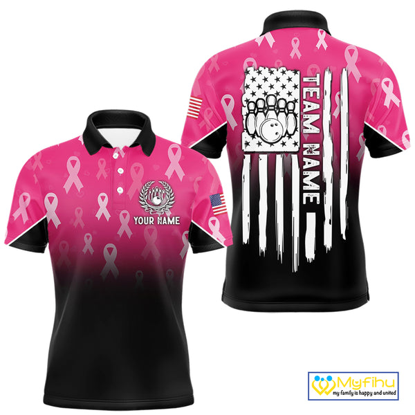 Custom American flag patriotic Pink ribbon breast cancer bowling shirt for men bowling team jersey NQS10413
