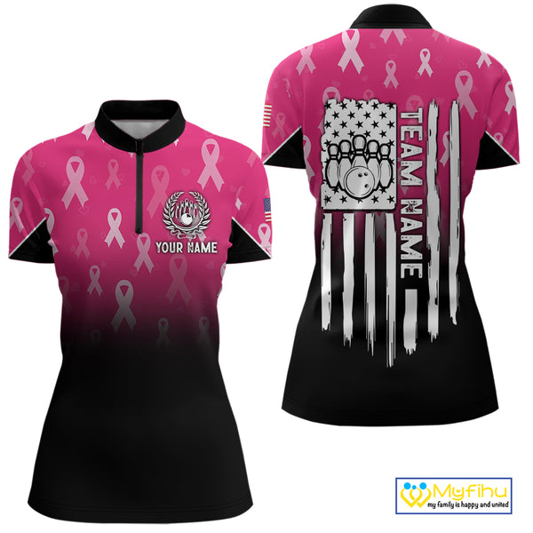 Custom American flag patriotic Pink ribbon breast cancer bowling shirt for Women bowling team jersey NQS10413