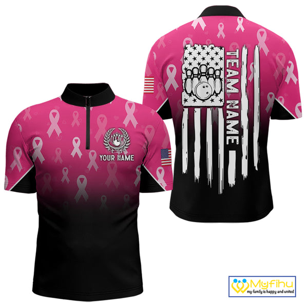 Custom American flag patriotic Pink ribbon breast cancer bowling shirt for men bowling team jersey NQS10413