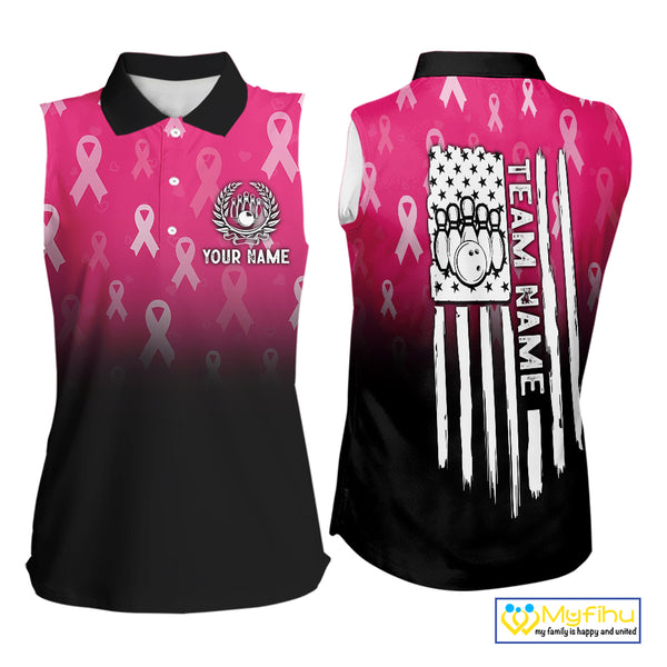 Custom American flag patriotic Pink ribbon breast cancer bowling Sleeveless polo shirt team jersey NQS10413