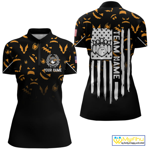 Custom American flag patriotic funny halloween pattern Bowling shirt for Women bowling team jersey NQS10414