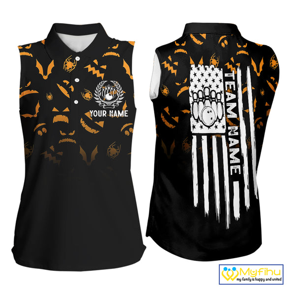 Custom American flag patriotic funny halloween pattern Bowling  Sleeveless polos bowling team jersey NQS10414