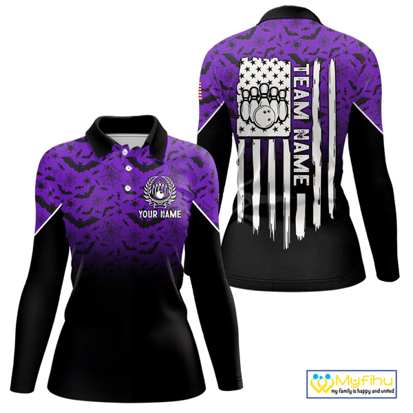 Purple Halloween pattern Custom American flag patriotic Bowling shirt for Women, Bowling team jersey NQS10415