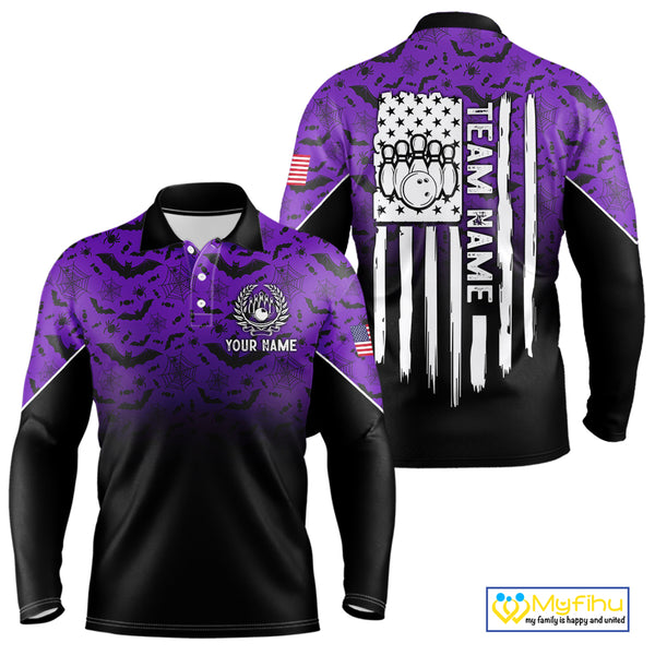 Purple Halloween pattern Custom American flag patriotic Bowling shirt for men, Bowling team jersey NQS10415