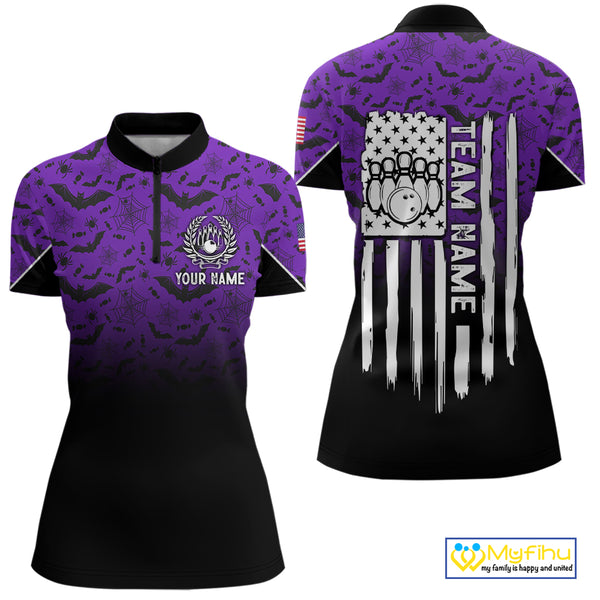 Purple Halloween pattern Custom American flag patriotic Bowling shirt for Women, Bowling team jersey NQS10415