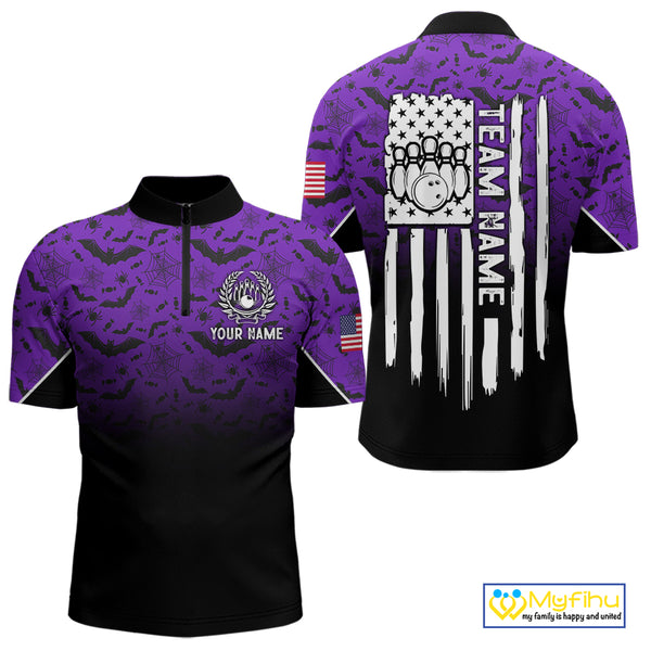Purple Halloween pattern Custom American flag patriotic Bowling shirt for men, Bowling team jersey NQS10415