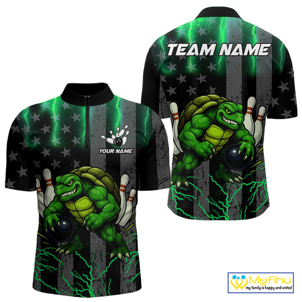 Black American flag Men's bowling shirts Custom Green lightning thunder Turtle Bowling Team Jerseys NQS10623