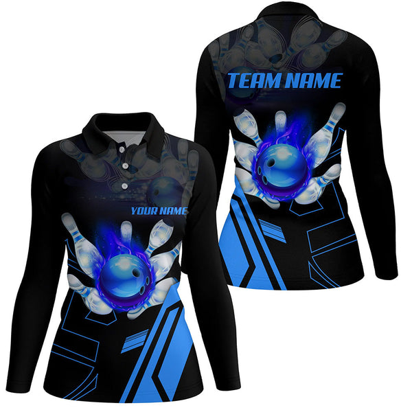 Black flame bowling ball and pins jerseys Custom Team League Bowling Polo Shirts For Women | Blue NQS6557