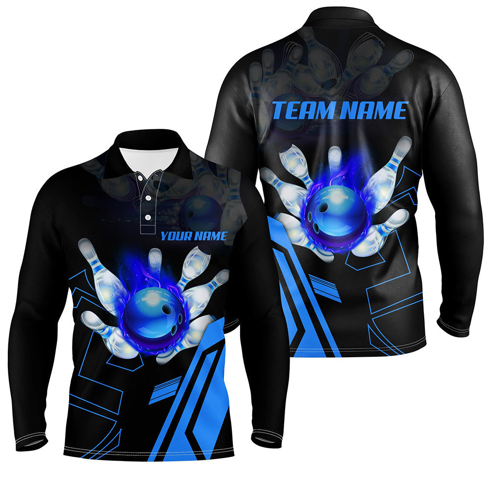 Black flame bowling ball and pins jerseys Custom Team League Bowling Polo Shirts For Men | Blue NQS6557