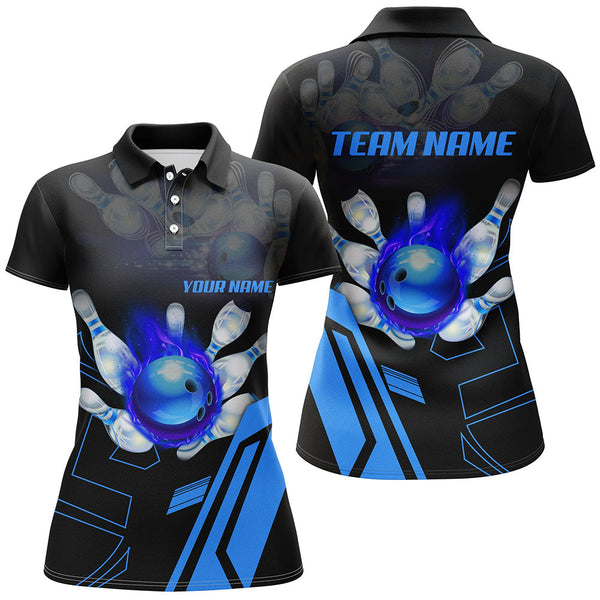 Black flame bowling ball and pins jerseys Custom Team League Bowling Polo Shirts For Women | Blue NQS6557