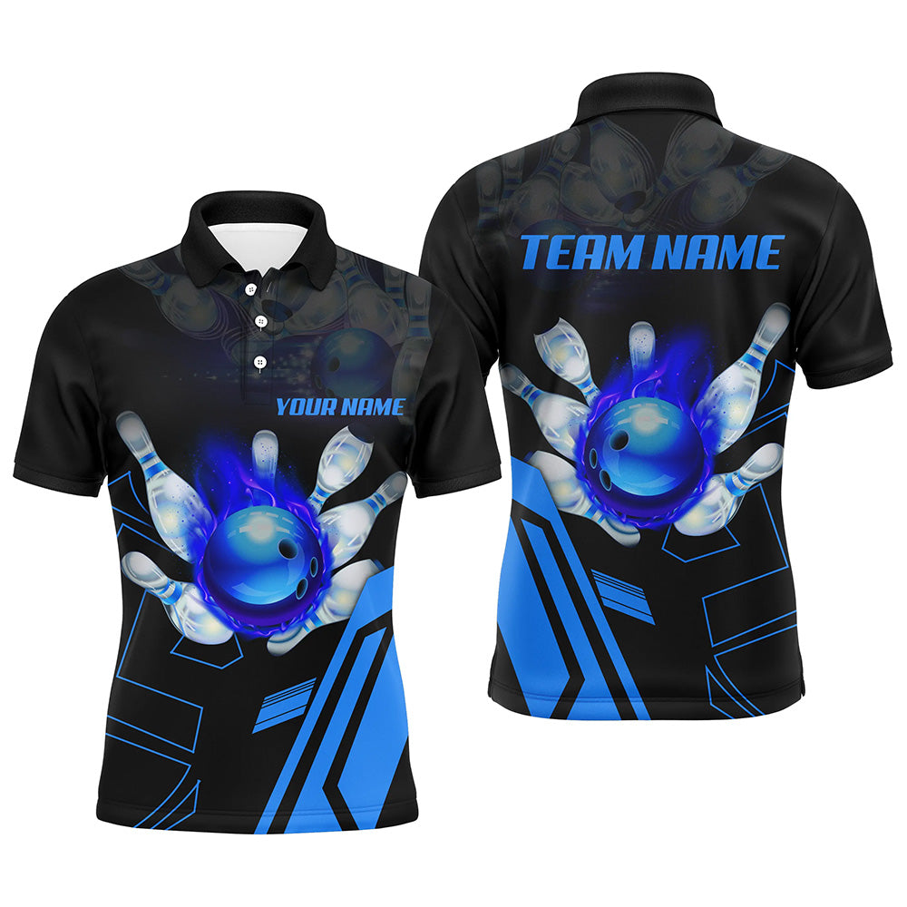 Black flame bowling ball and pins jerseys Custom Team League Bowling Polo Shirts For Men | Blue NQS6557
