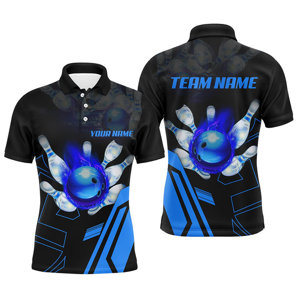 Black flame bowling ball and pins jerseys Custom Team League Bowling Polo Shirts For Men | Blue NQS6557