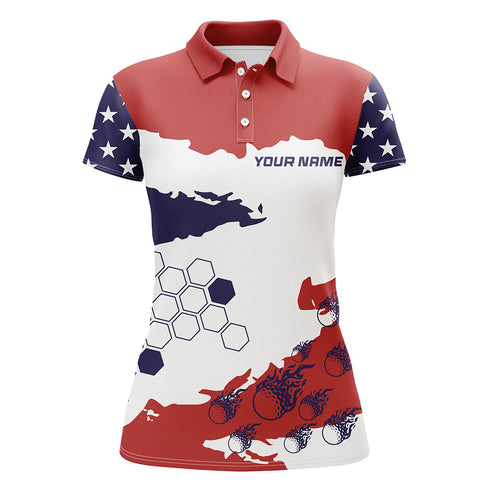 Red, white and blue American Flag custom Women golf polo shirts, patriotic golf outfit for ladies NQS8680