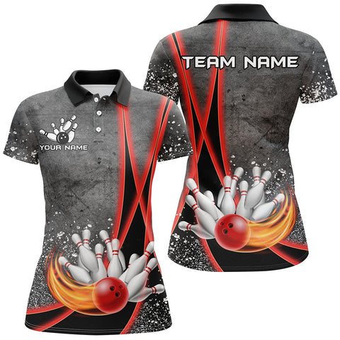 Black grunge Custom Flame Bowling Polo, 1/4 Zip Shirt For Women, Personalized Bowling Team Jersey| Red NQS8898