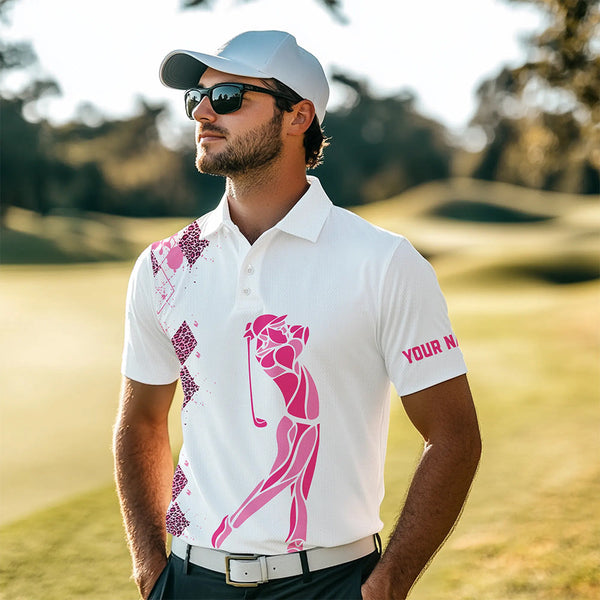 Pink Leopard argyle pattern white Men golf polo shirts custom golf wear for men, unique golf gifts NQS9349