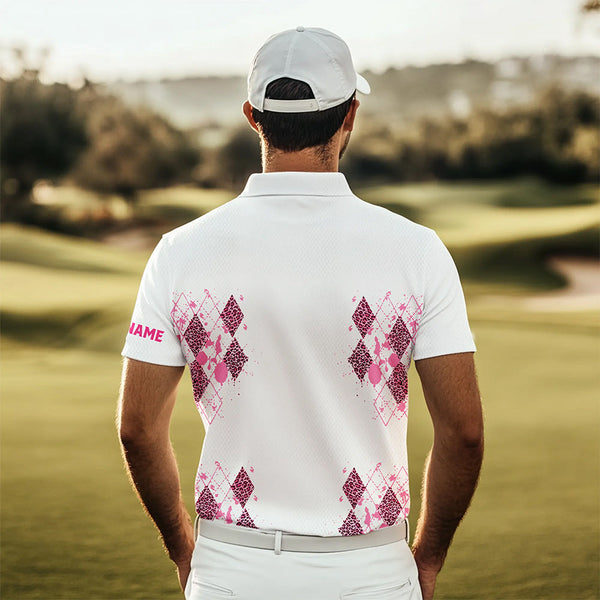 Pink Leopard argyle pattern white Men golf polo shirts custom golf wear for men, unique golf gifts NQS9349
