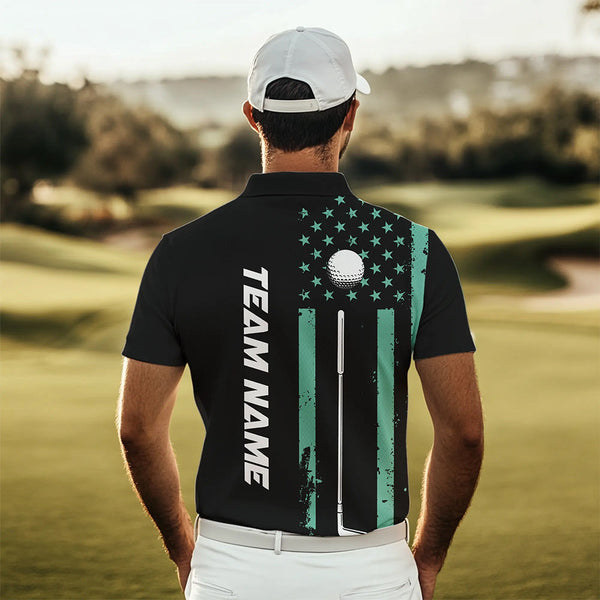 Black & Turquoise American Flag Mens golf polo shirts custom patriotic golf attire for men NQS9355