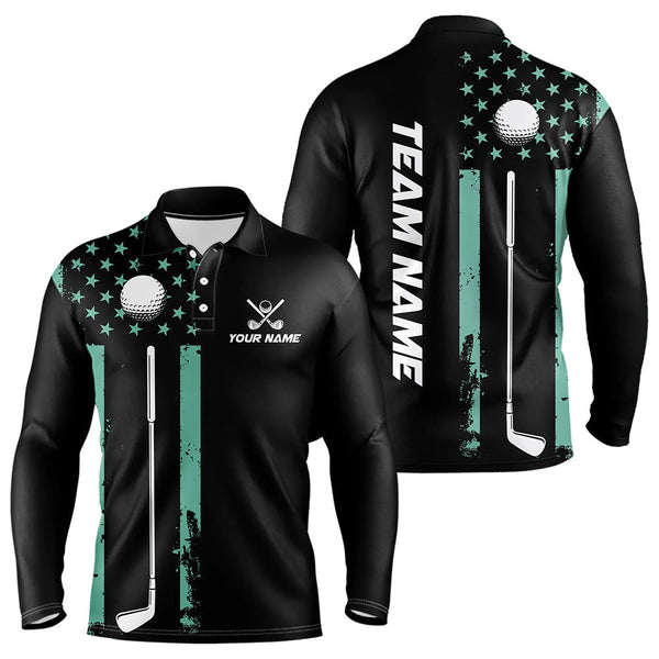 Black & Turquoise American Flag Mens golf polo shirts custom patriotic golf attire for men NQS9355