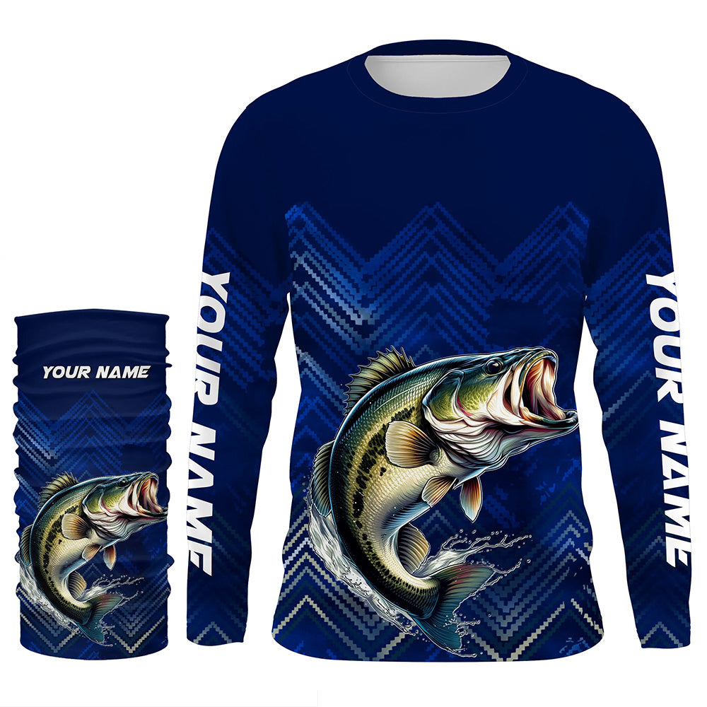 Largemouth Bass Fishing Blue Camo Custom UV Protection Performance Long Sleeve Fishing Shirt NQS7159 Long Sleeves UPF + Face Shield / M
